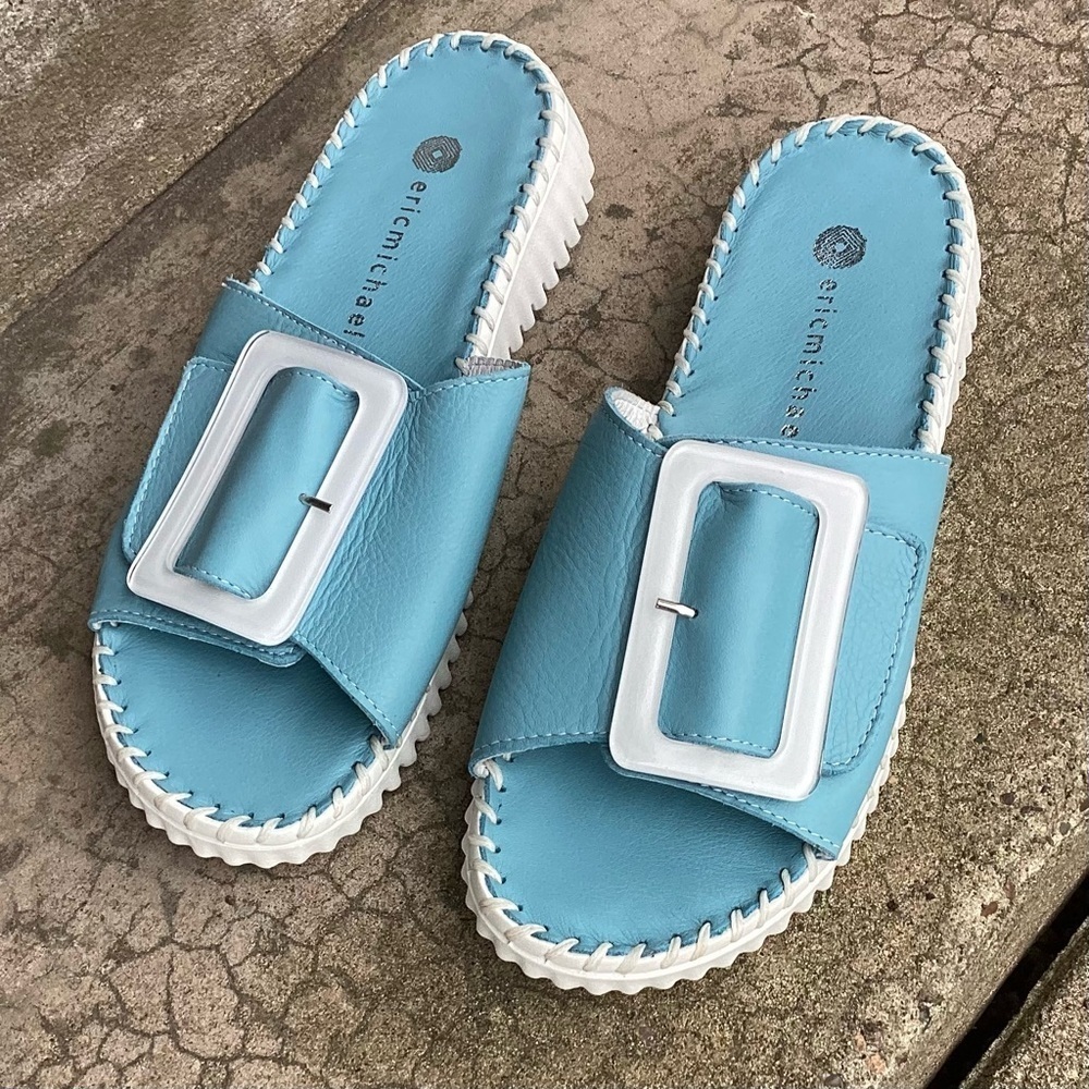 ERIC MICHAEL Darla Velcro Leather Slide Baby Blue, Size 37 (US 6.5-7) NEVER WORN - Picture 2 of 8